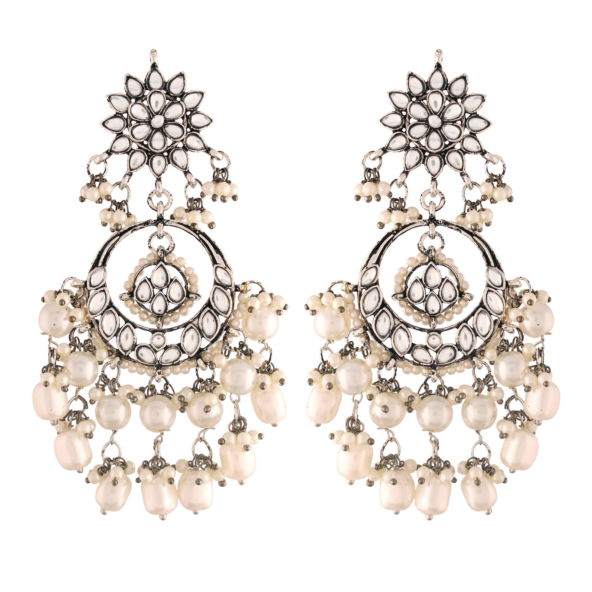 Gold-Polished Silver Oxidised Traditional Handcrafted Pearl Kundan Beaded Chandbali Earrings for Women/Girls - Wahe Jewels Noz2Toz