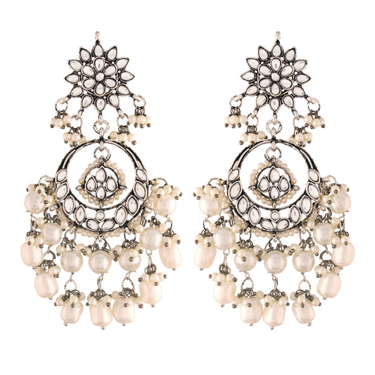 Gold-Polished Silver Oxidised Traditional Handcrafted Pearl Kundan Beaded Chandbali Earrings for Women/Girls - Wahe Jewels Noz2Toz