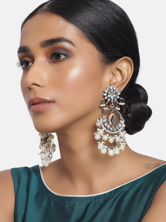 Gold-Polished Silver Oxidised Traditional Handcrafted Pearl Kundan Beaded Chandbali Earrings for Women/Girls - Wahe Jewels Noz2Toz