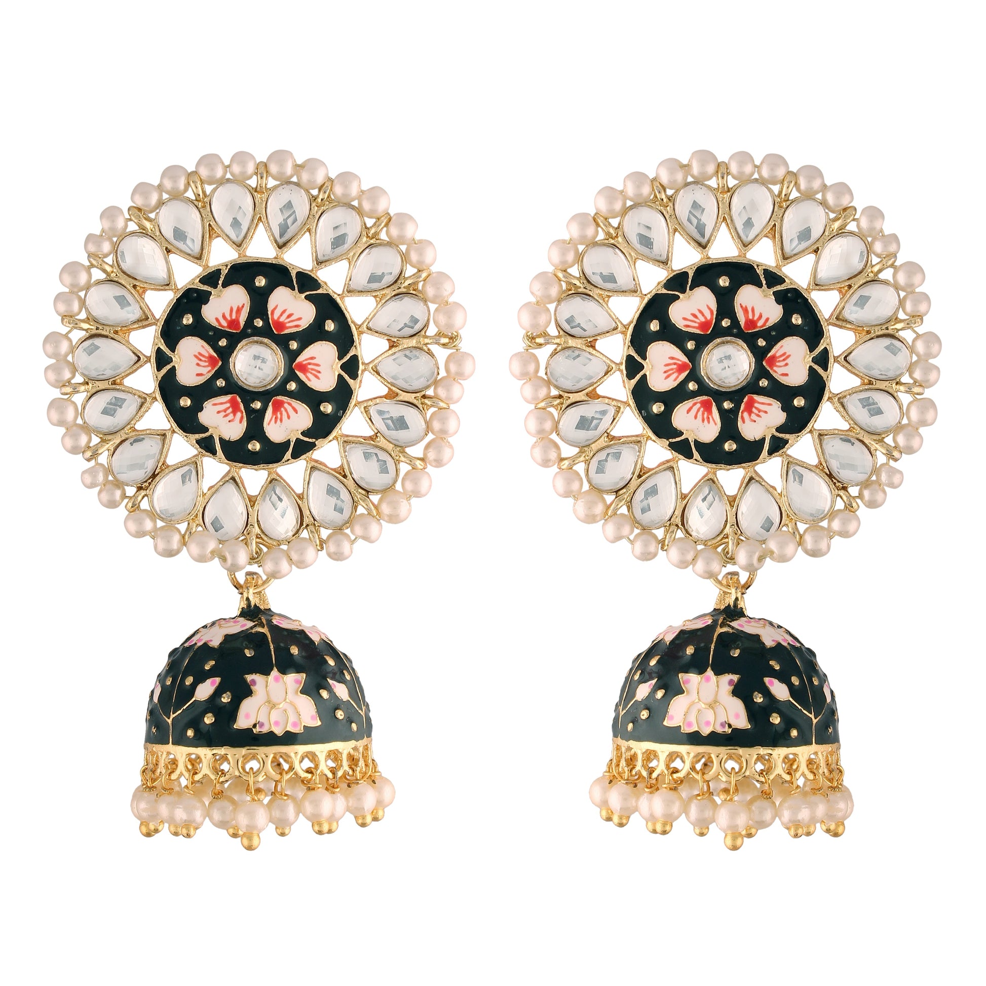 Gold-Polished Traditional Handcrafted Kundan Pearl Studded Meenakari Jhumki Earring for Women - Wahe Jewels Noz2Toz