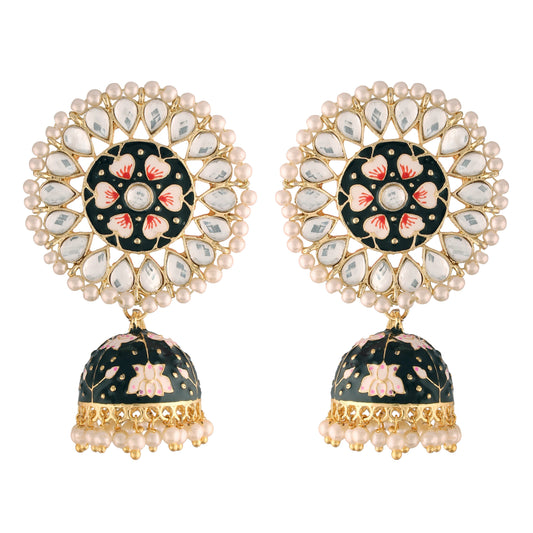 Gold-Polished Traditional Handcrafted Kundan Pearl Studded Meenakari Jhumki Earring for Women - Wahe Jewels Noz2Toz