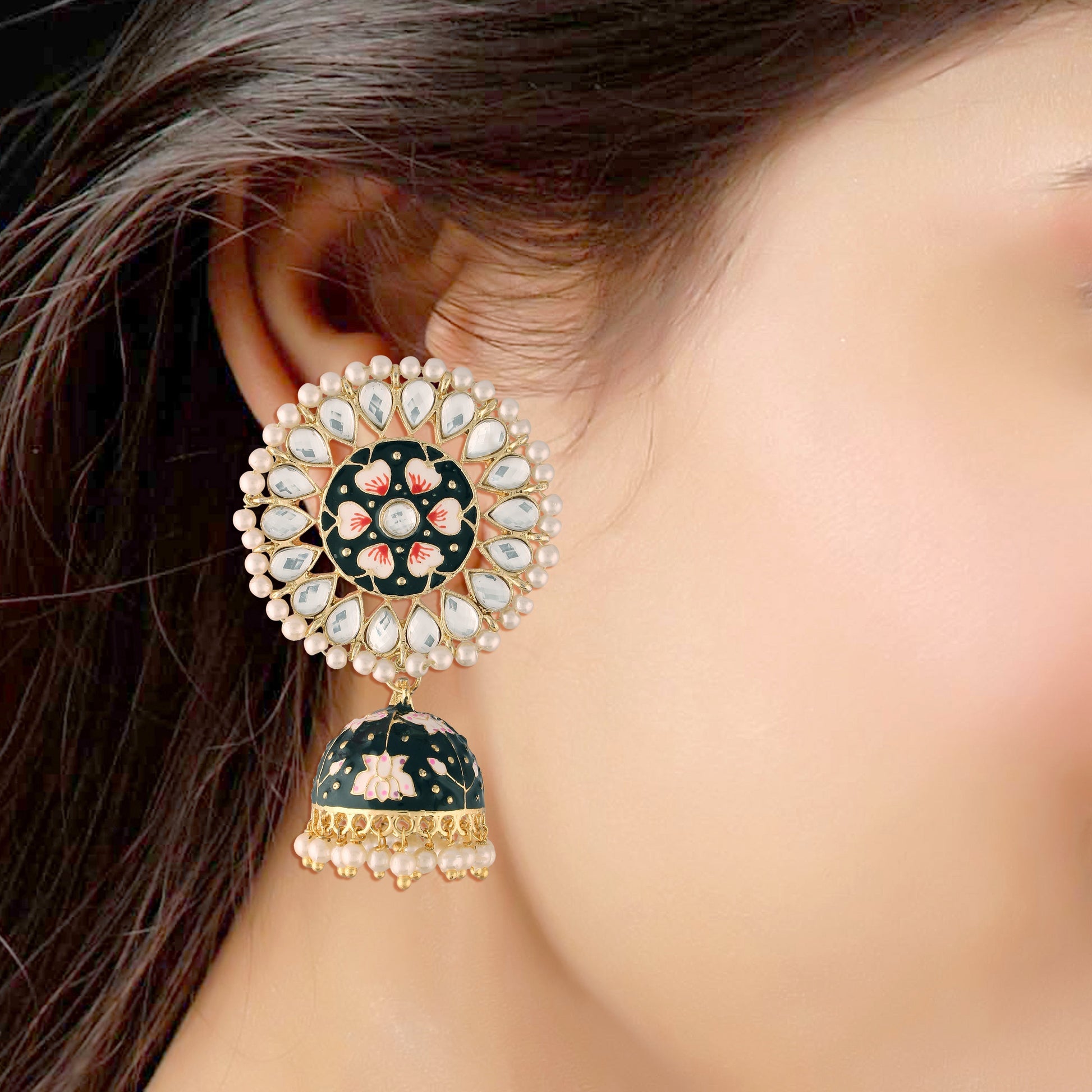 Gold-Polished Traditional Handcrafted Kundan Pearl Studded Meenakari Jhumki Earring for Women - Wahe Jewels Noz2Toz