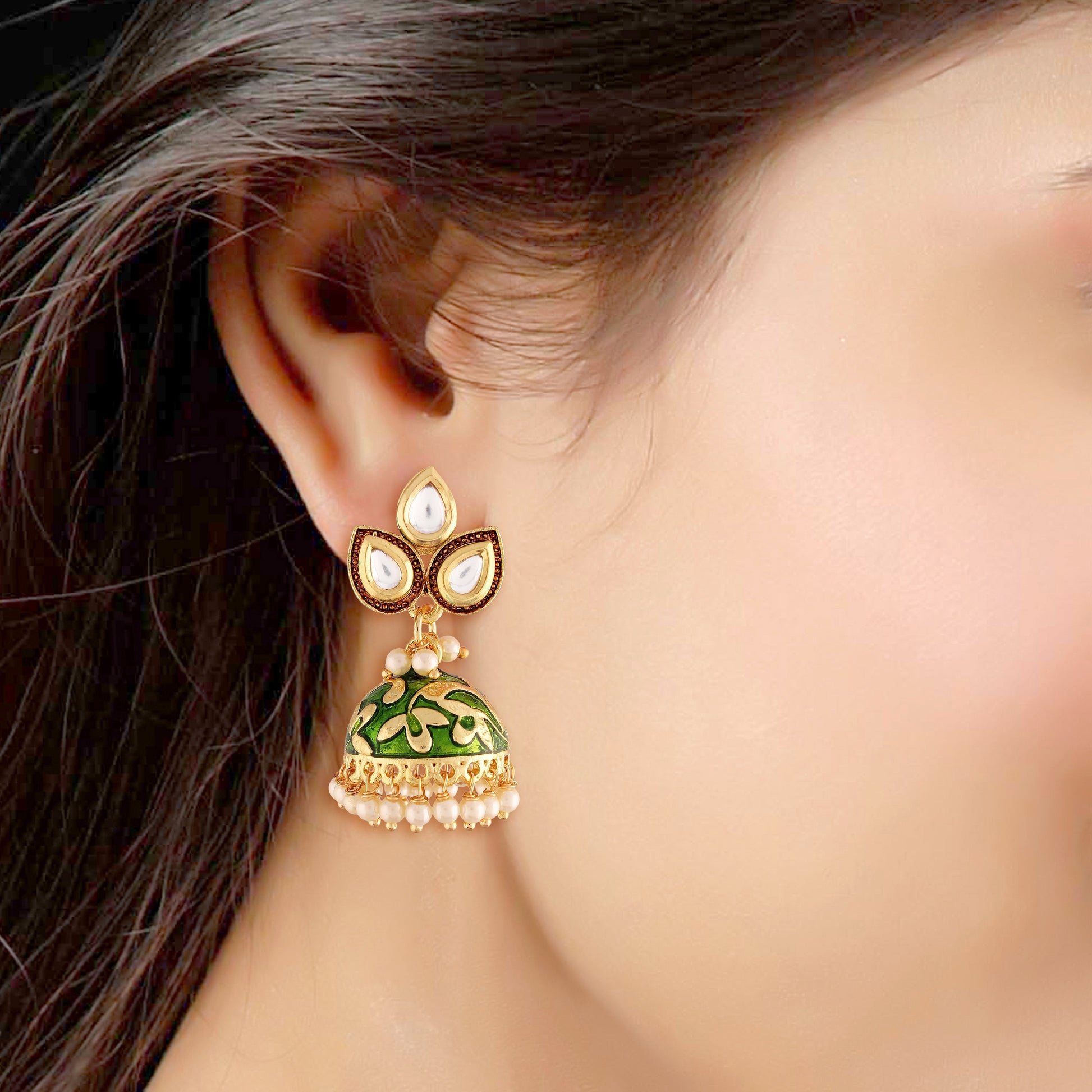 Gold-Polished Meena Work Pearl Studded Jhumki Earring For Women - Wahe Jewels Noz2Toz
