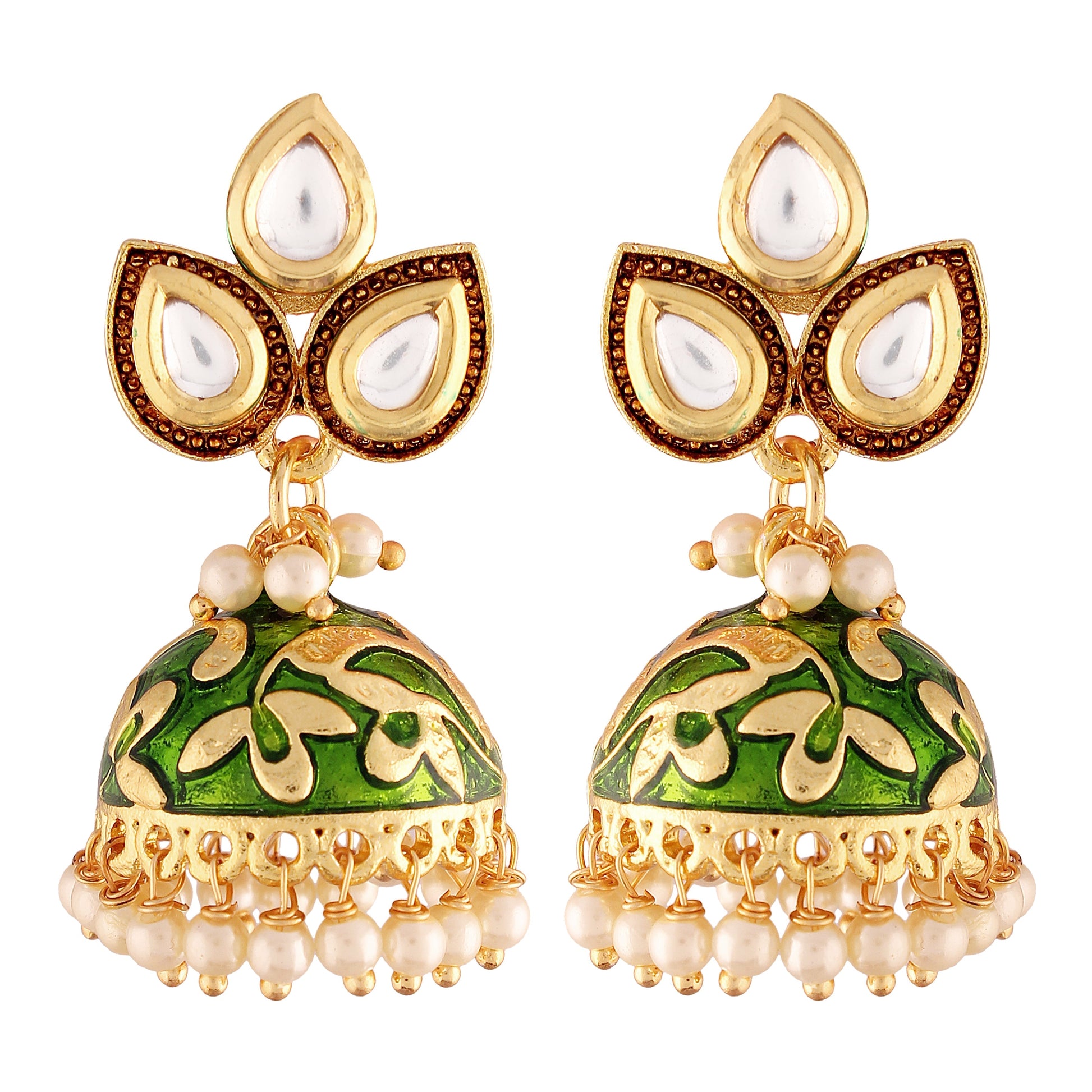 Gold-Polished Meena Work Pearl Studded Jhumki Earring For Women - Wahe Jewels Noz2Toz