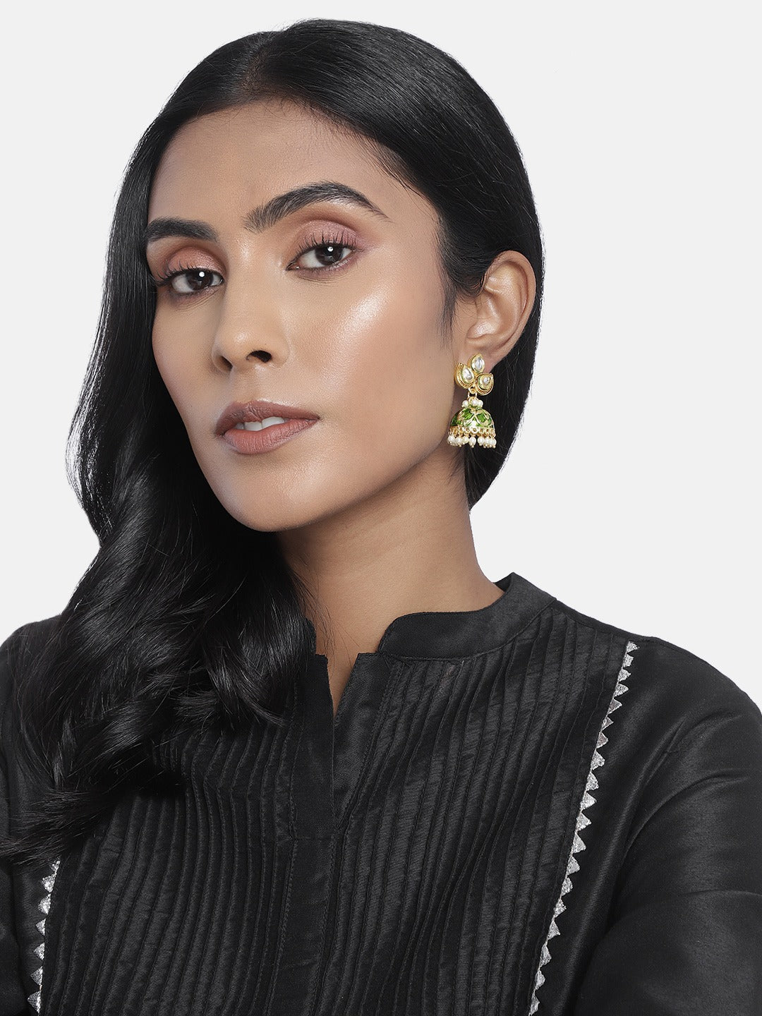 Gold-Polished Meena Work Pearl Studded Jhumki Earring For Women - Wahe Jewels Noz2Toz