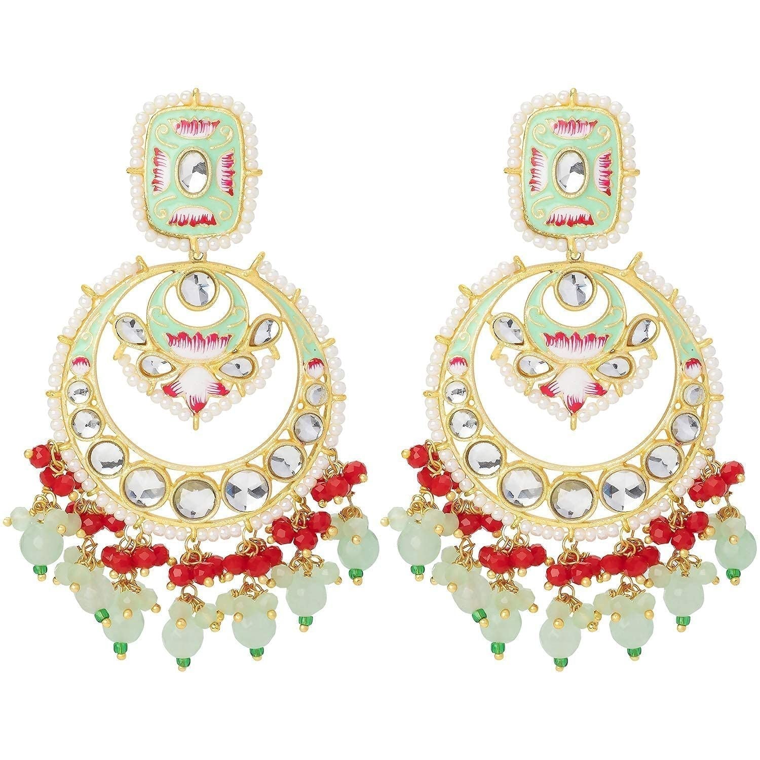 Gold-Polished Traditional Meenakari Stone Studded Pearl Dangle Earrings For Women - Wahe Jewels Noz2Toz