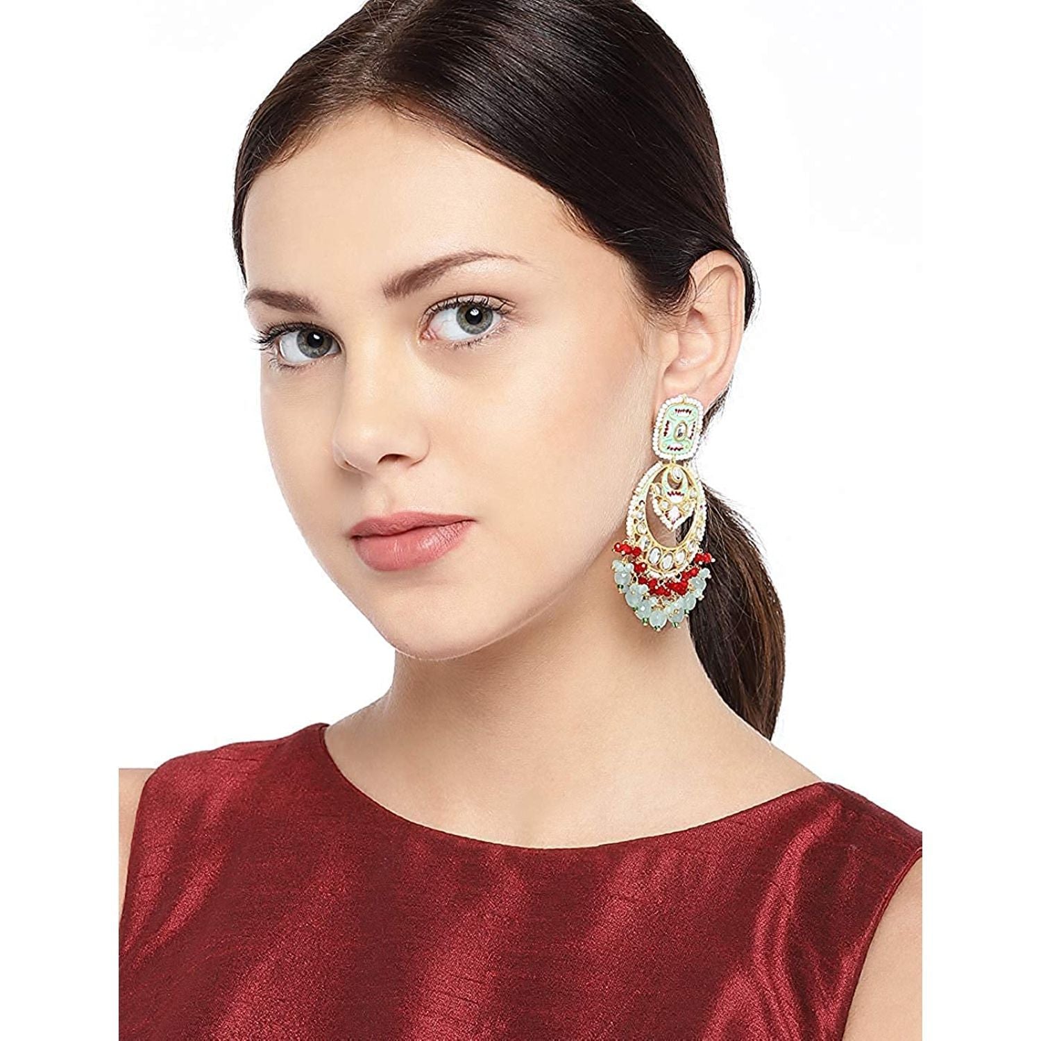 Gold-Polished Traditional Meenakari Stone Studded Pearl Dangle Earrings For Women - Wahe Jewels Noz2Toz