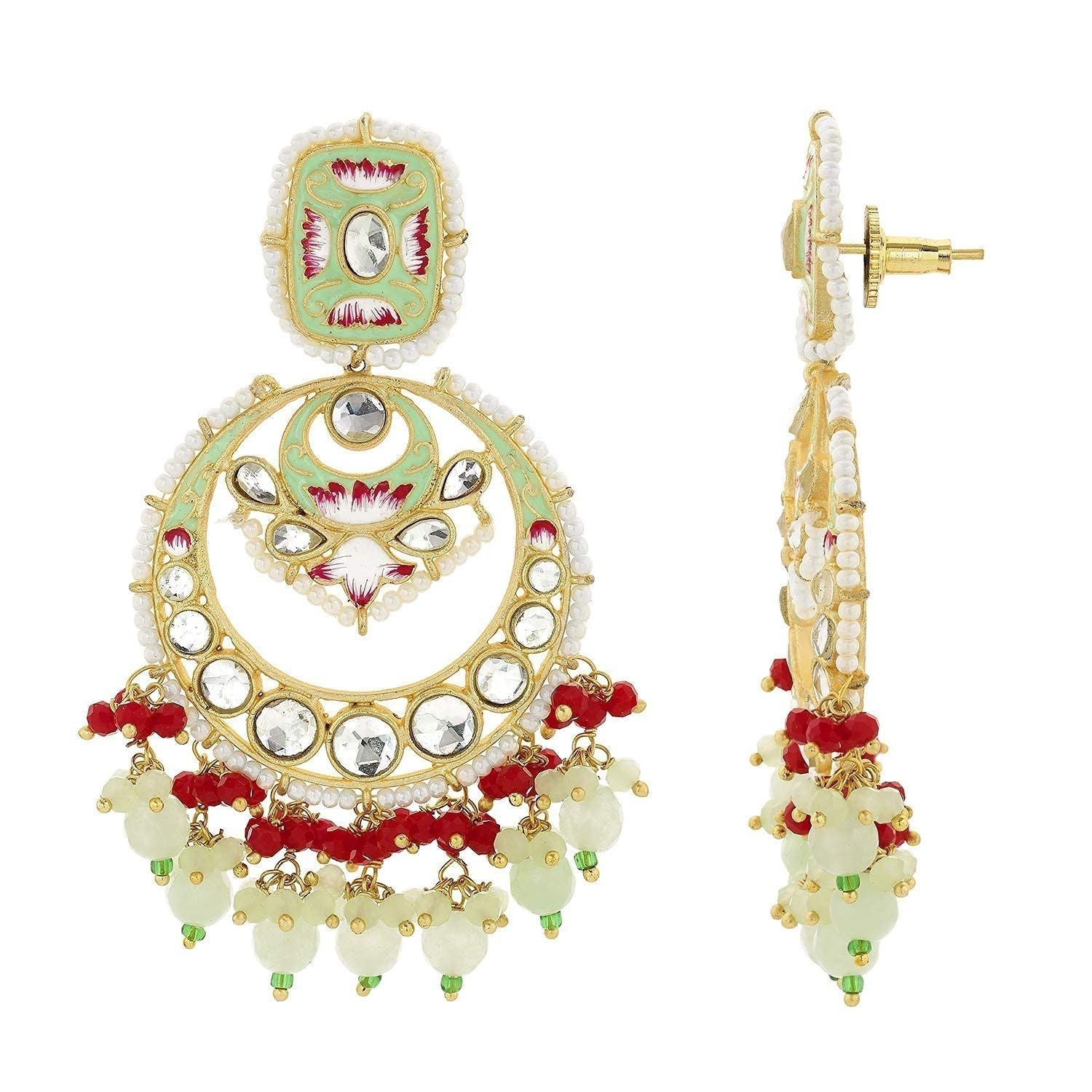 Gold-Polished Traditional Meenakari Stone Studded Pearl Dangle Earrings For Women - Wahe Jewels Noz2Toz