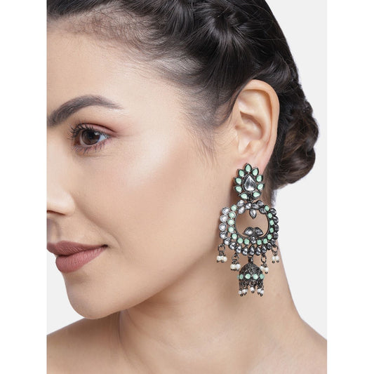 Ethnic Silver Oxidised Traditional Kundan & Stone Jhumka Earrings For Women - Wahe Jewels