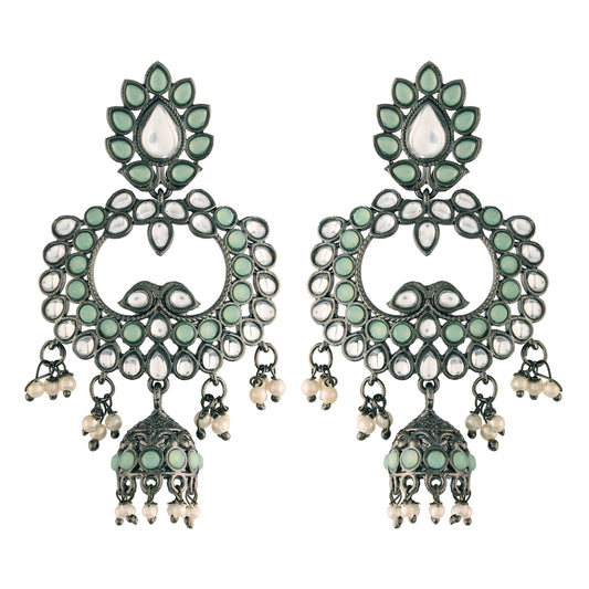 Ethnic Silver Oxidised Traditional Kundan & Stone Jhumka Earrings For Women - Wahe Jewels