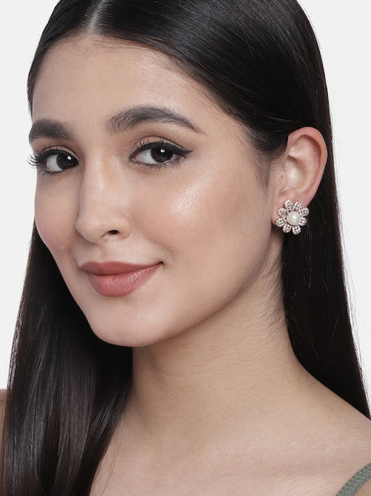 Stylish Latest Fashion Rose Gold-Polished & White Floral Studs Earrings for Women - Wahe Jewels