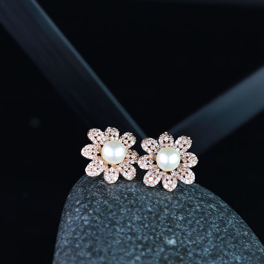 Stylish Latest Fashion Rose Gold-Polished & White Floral Studs Earrings for Women - Wahe Jewels