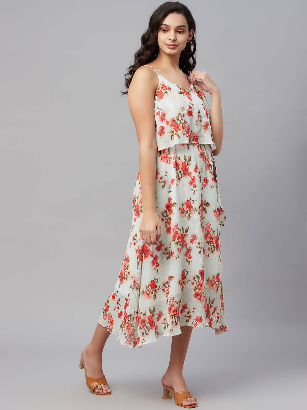 Myshka Women Multicolor Printed Sleeveless V Neck Dress
