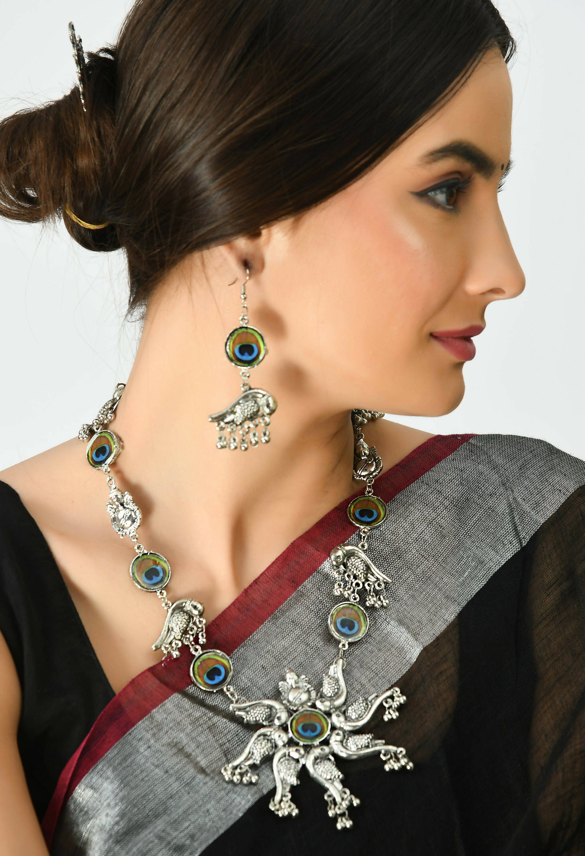 Mominos Fashion Johar Kamal Oxidised Silver-Plated Brass Finish Peacock Design Long Necklace Set For Women - Grab2buy