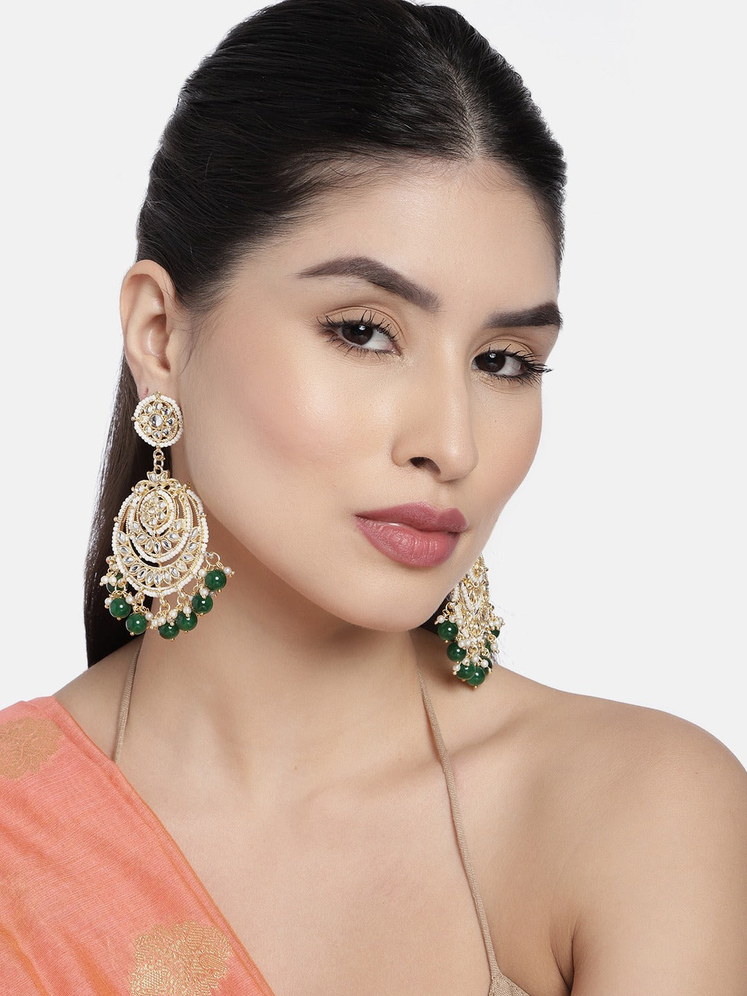 Gold-Polished Traditional Beaded Chandbali Earrings Glided With Kundans & Pearls For Women/Girls - Wahe Jewels Noz2Toz