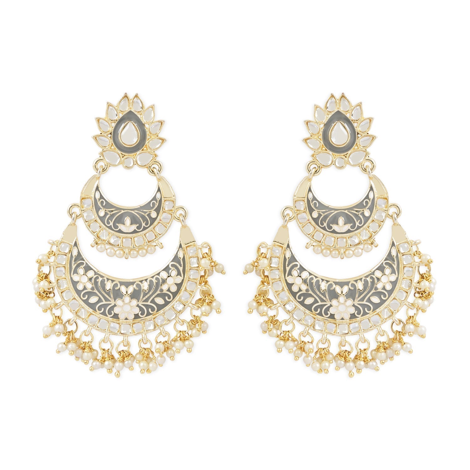 Gold-Polished Intricately Designed Traditional Meenakari Earrings Glided With Kundans & Pearls - Wahe Jewels Noz2Toz