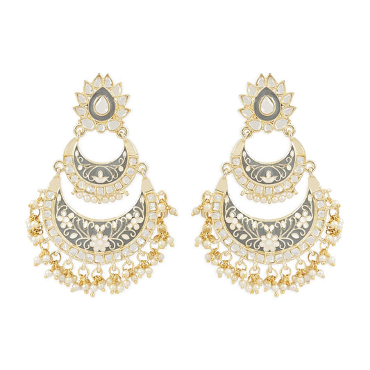 Gold-Polished Intricately Designed Traditional Meenakari Earrings Glided With Kundans & Pearls - Wahe Jewels Noz2Toz