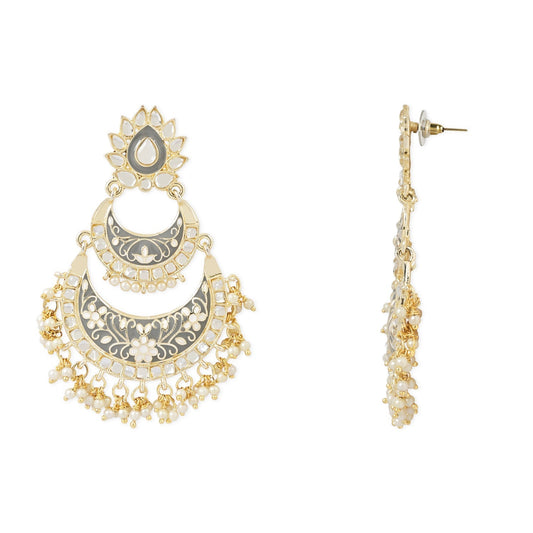 Gold-Polished Intricately Designed Traditional Meenakari Earrings Glided With Kundans & Pearls - Wahe Jewels Noz2Toz