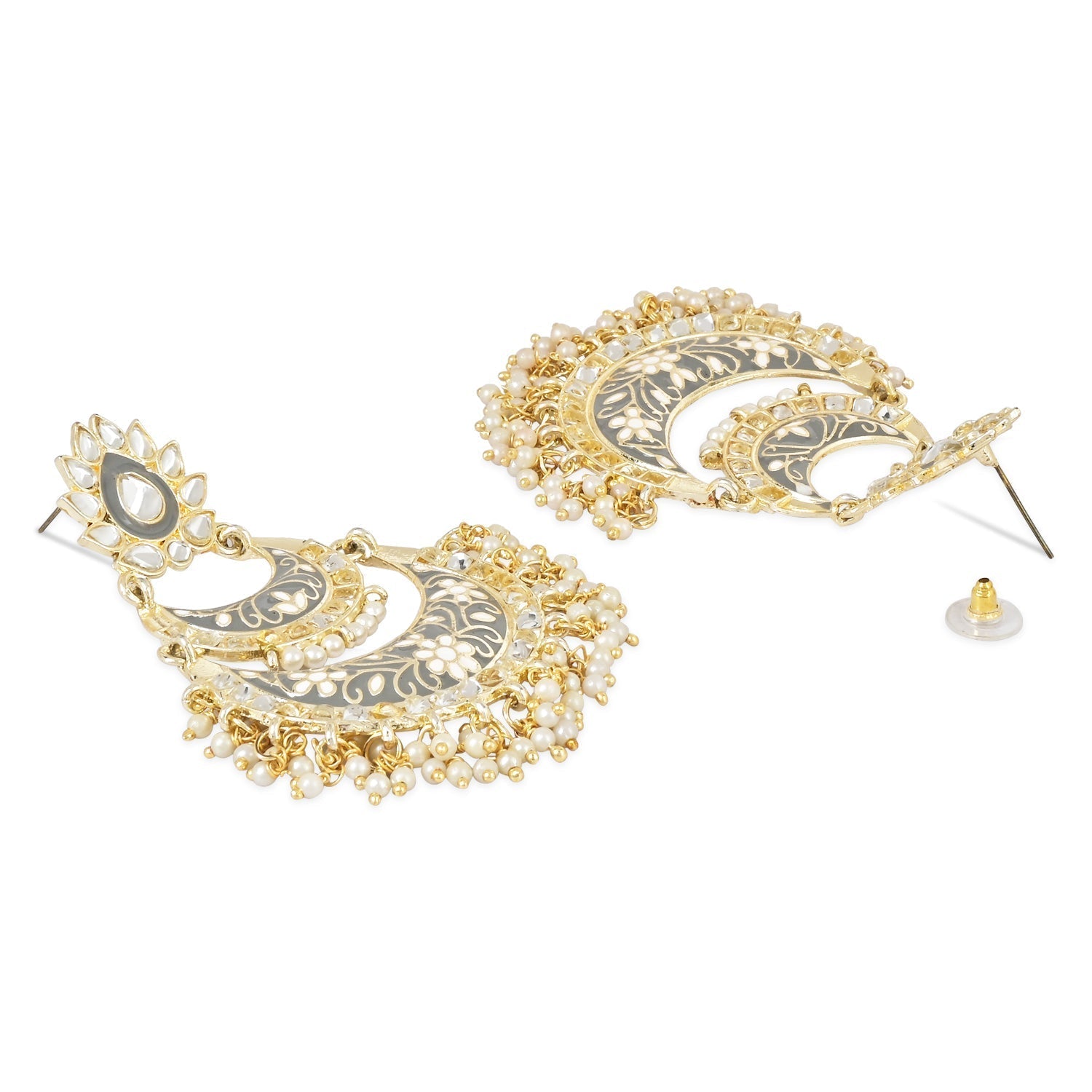 Gold-Polished Intricately Designed Traditional Meenakari Earrings Glided With Kundans & Pearls - Wahe Jewels Noz2Toz