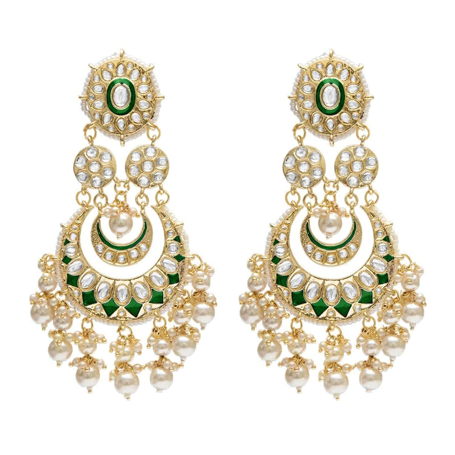 Women Gold-Polished Intricately Designed Traditional Green Meenakari Earrings Glided With Kundans & Pearls - Wahe Jewels Noz2Toz