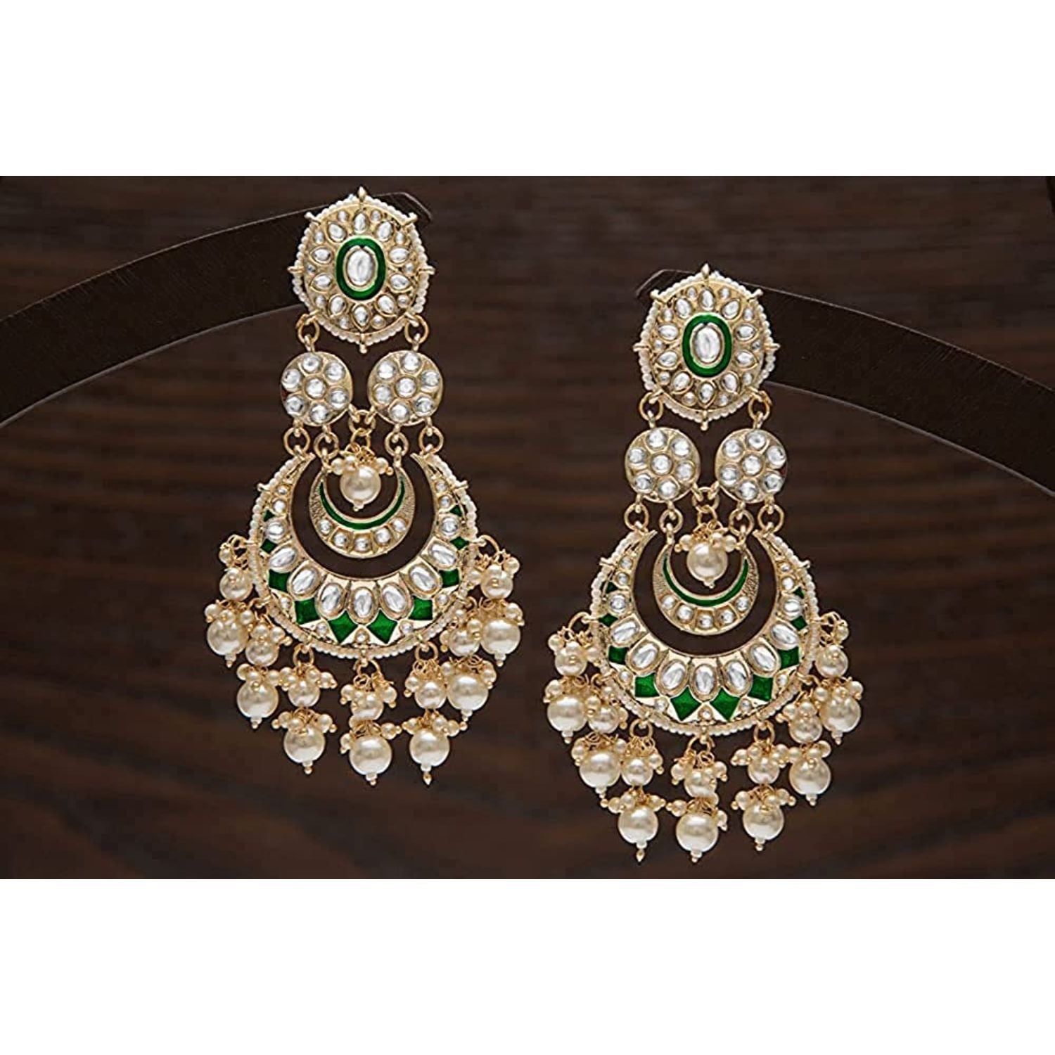 Women Gold-Polished Intricately Designed Traditional Green Meenakari Earrings Glided With Kundans & Pearls - Wahe Jewels Noz2Toz