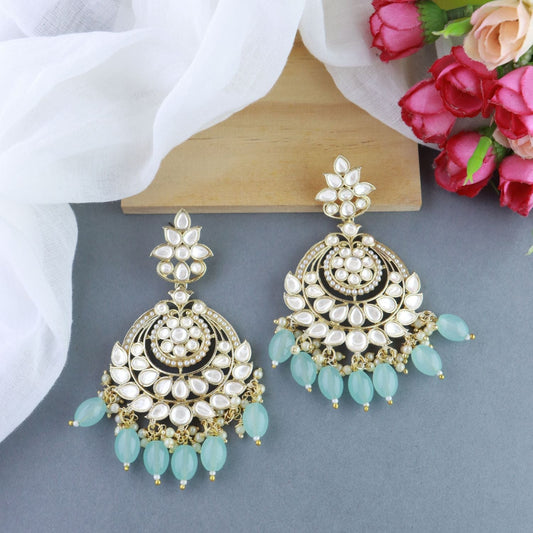 Gold-Polished Traditional Handcrafted Pearl Kundan Beaded Earrings for Women - Wahe Jewels
