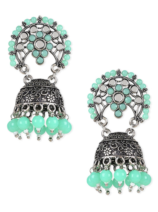 Ethnic Silver Oxidised Traditional Mint Kundan & Stone Jhumka Earrings For Women - Wahe Jewels