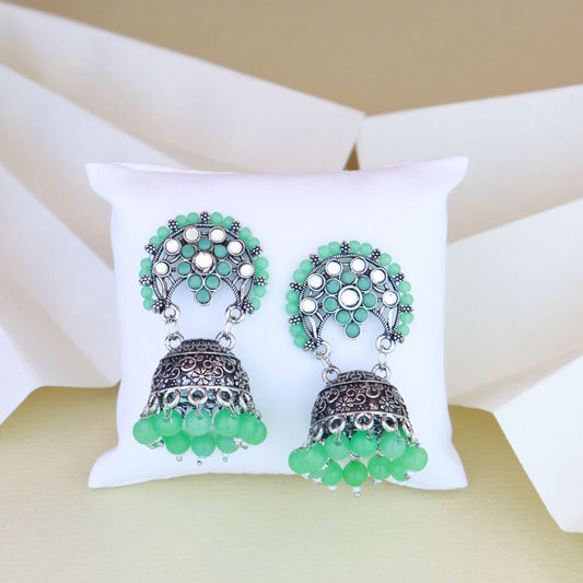 Ethnic Silver Oxidised Traditional Mint Kundan & Stone Jhumka Earrings For Women - Wahe Jewels