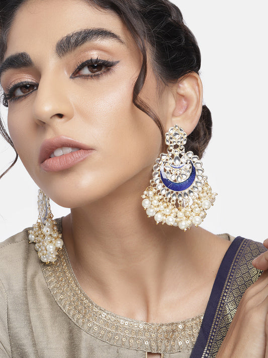 Gold-Polished Intricately Designed Traditional Meenakari Chandbali Earrings Glided With Kundans & Pearls - Wahe Jewels