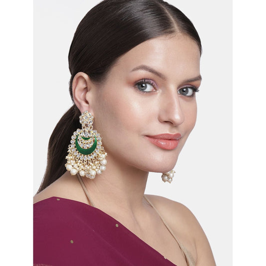 Womens Gold-Polished Intricately Designed Traditional Meenakari Chandbali Earrings Glided With Kundans & Pearls - Wahe Jewels