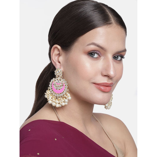 Women Gold-Polished Intricately Designed Traditional Meenakari Chandbali Earrings Glided With Kundans & Pearls - Wahe Jewels