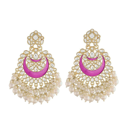 Women Gold-Polished Intricately Designed Traditional Meenakari Chandbali Earrings Glided With Kundans & Pearls - Wahe Jewels
