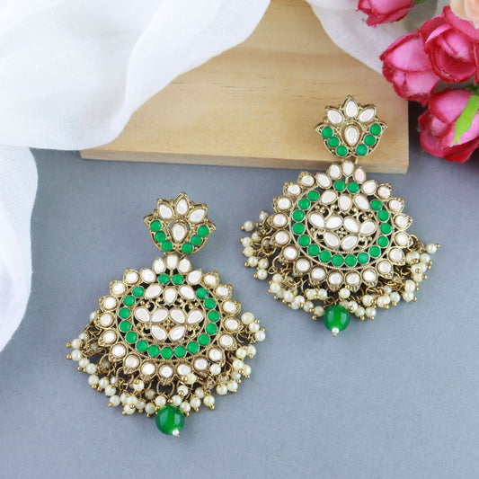Gold-Polished Traditional Kundan & Stone Studded Chandbali Earrings For Women - Wahe Jewels