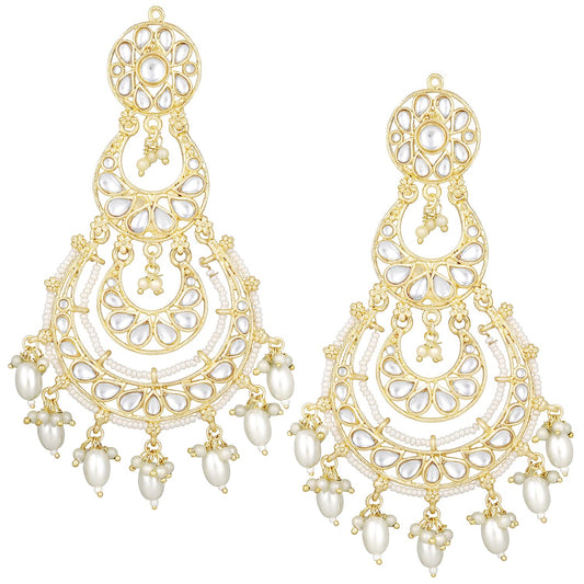 Gold-Polished Traditional White Kundan Studded Pearl Handcrafted Dangle Chandbali Earrings Ethnic Jewellery For Women And Girls - Wahe Jewels Noz2Toz