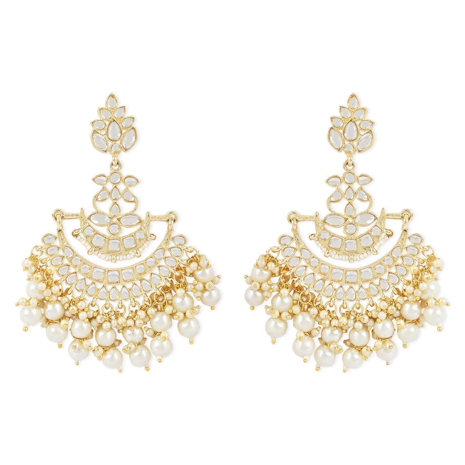 Traditional Gold-Polished White Kundan Pearl Drop Chandbali Earring For Women/Girls - Wahe Jewels - Swadesiicart