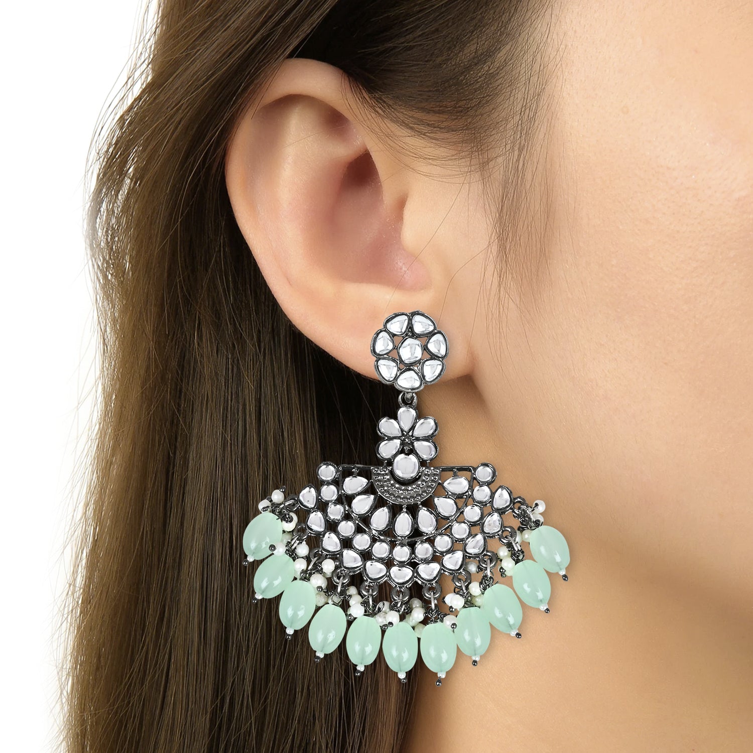 Ethnic Stylish Silver Oxidised Kundan Pearl Chandbali Earrings For Women And Girls - Wahe Jewels Noz2Toz