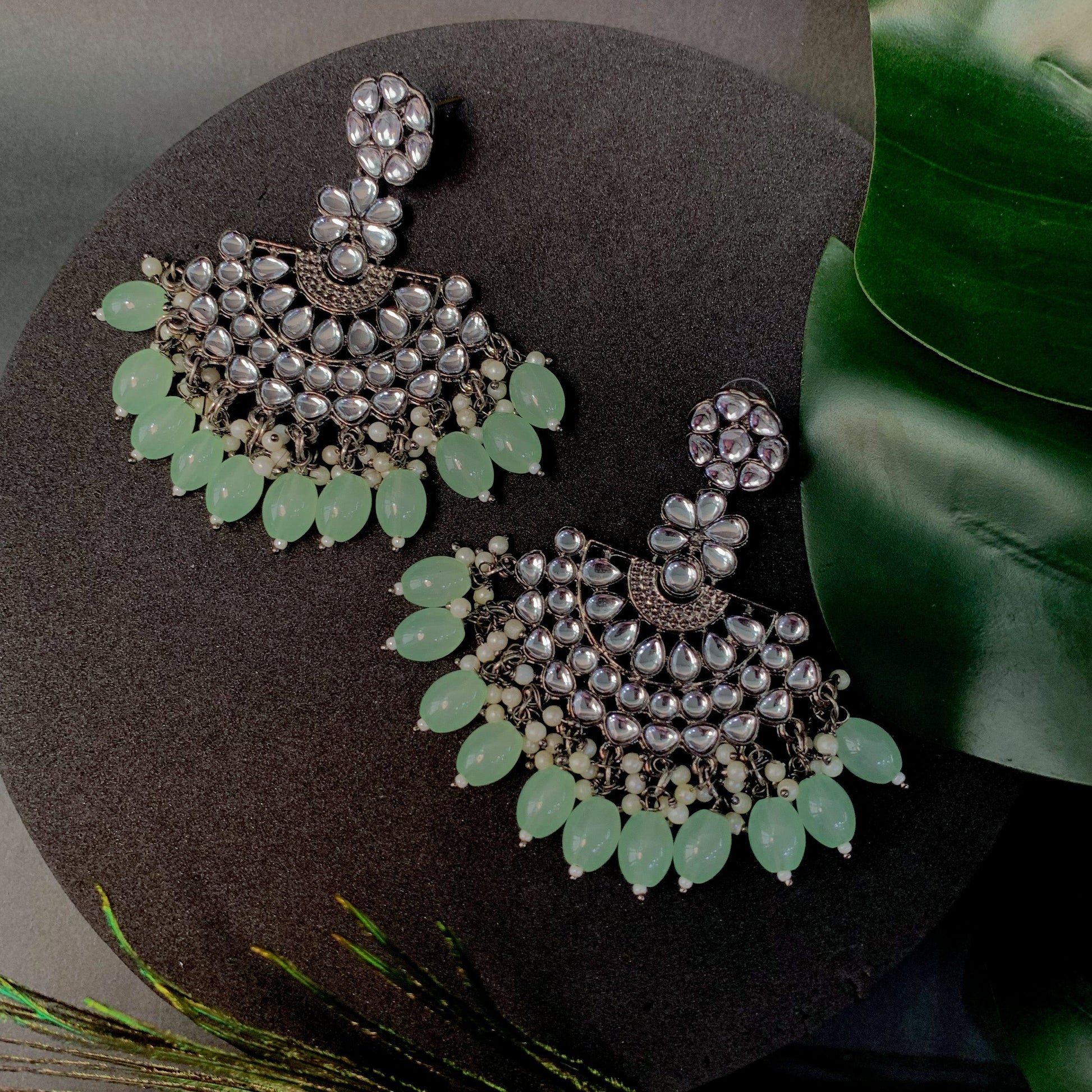 Ethnic Stylish Silver Oxidised Kundan Pearl Chandbali Earrings For Women And Girls - Wahe Jewels Noz2Toz