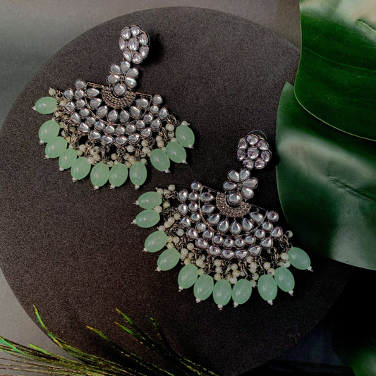 Ethnic Stylish Silver Oxidised Kundan Pearl Chandbali Earrings For Women And Girls - Wahe Jewels Noz2Toz