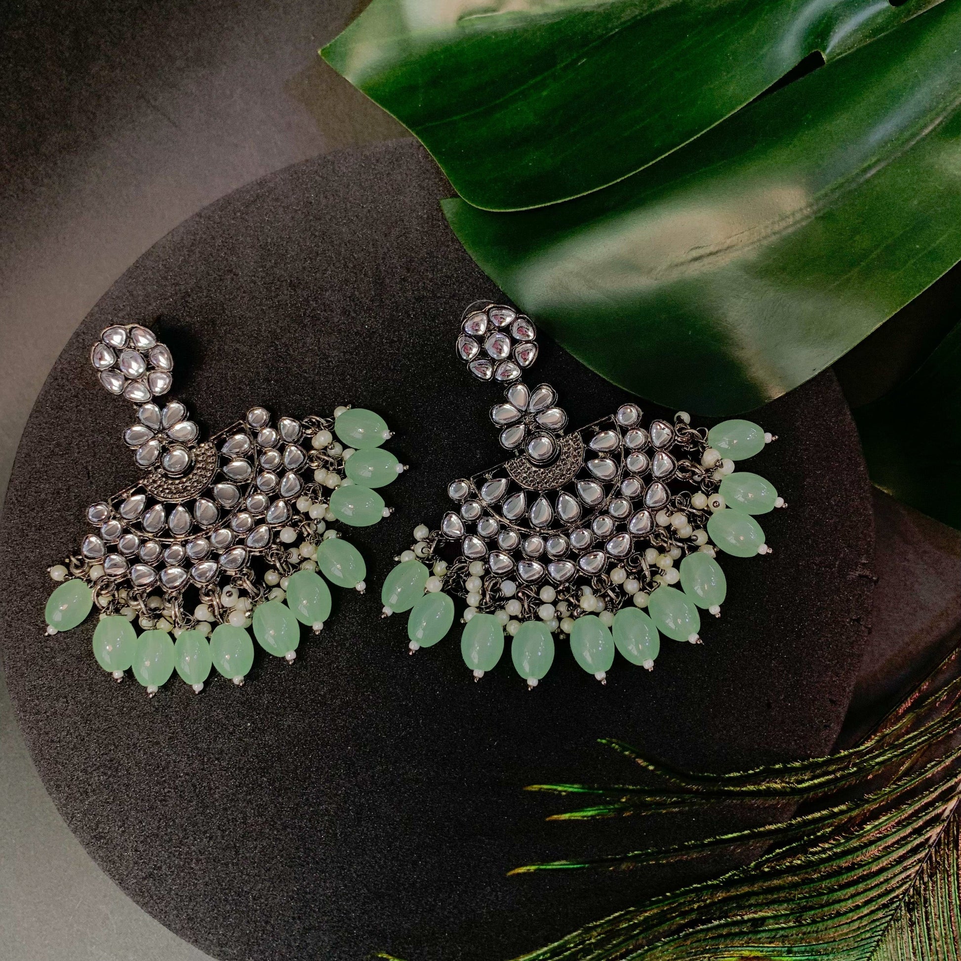 Ethnic Stylish Silver Oxidised Kundan Pearl Chandbali Earrings For Women And Girls - Wahe Jewels Noz2Toz