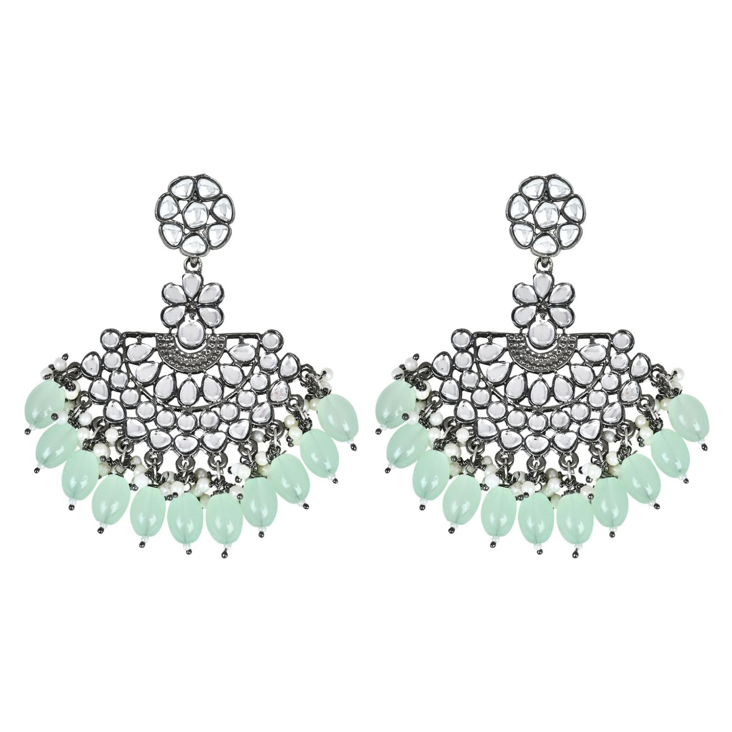 Ethnic Stylish Silver Oxidised Kundan Pearl Chandbali Earrings For Women And Girls - Wahe Jewels Noz2Toz