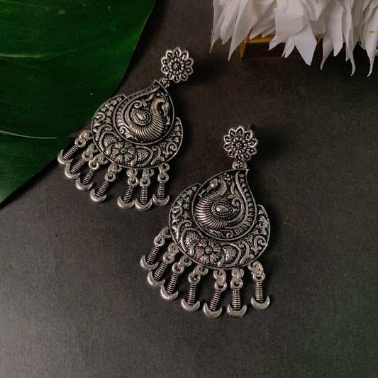 Navratri Ethnic Silver Oxidised Afghani Floral & Peacock Design Drop Earrings For Women & Girls - Wahe Jewels Noz2Toz