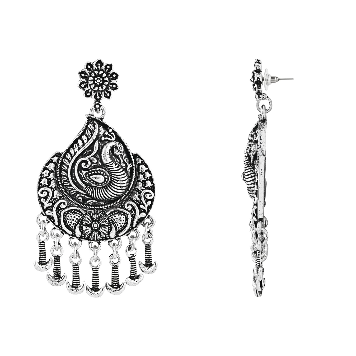 Navratri Ethnic Silver Oxidised Afghani Floral & Peacock Design Drop Earrings For Women & Girls - Wahe Jewels Noz2Toz