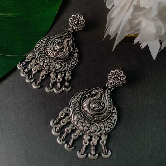 Navratri Ethnic Silver Oxidised Afghani Floral & Peacock Design Drop Earrings For Women & Girls - Wahe Jewels Noz2Toz