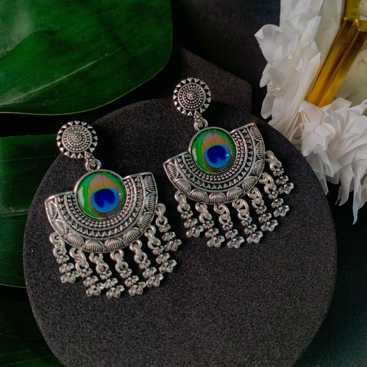 Navratri Ethnic Silver Oxidised Afghani Style Peacock Fether Earrings For Women & Girls - Wahe Jewels Noz2Toz