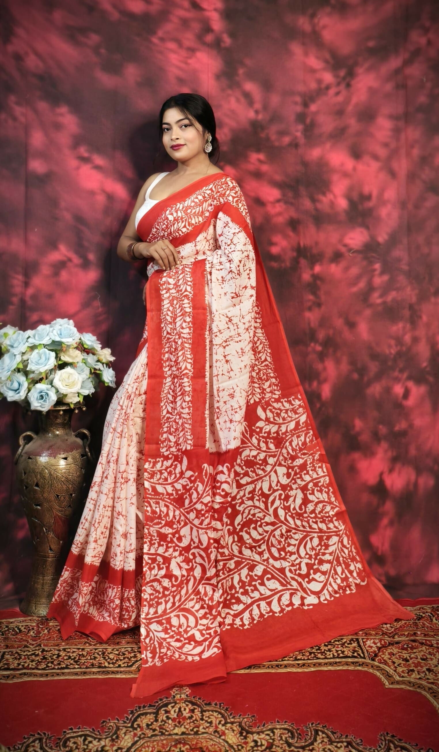 Exclusive Collection Beautiful Batique Print Red Pure Cotton Hand Print Handloom Grab2Buy With Running Blouse Piece 