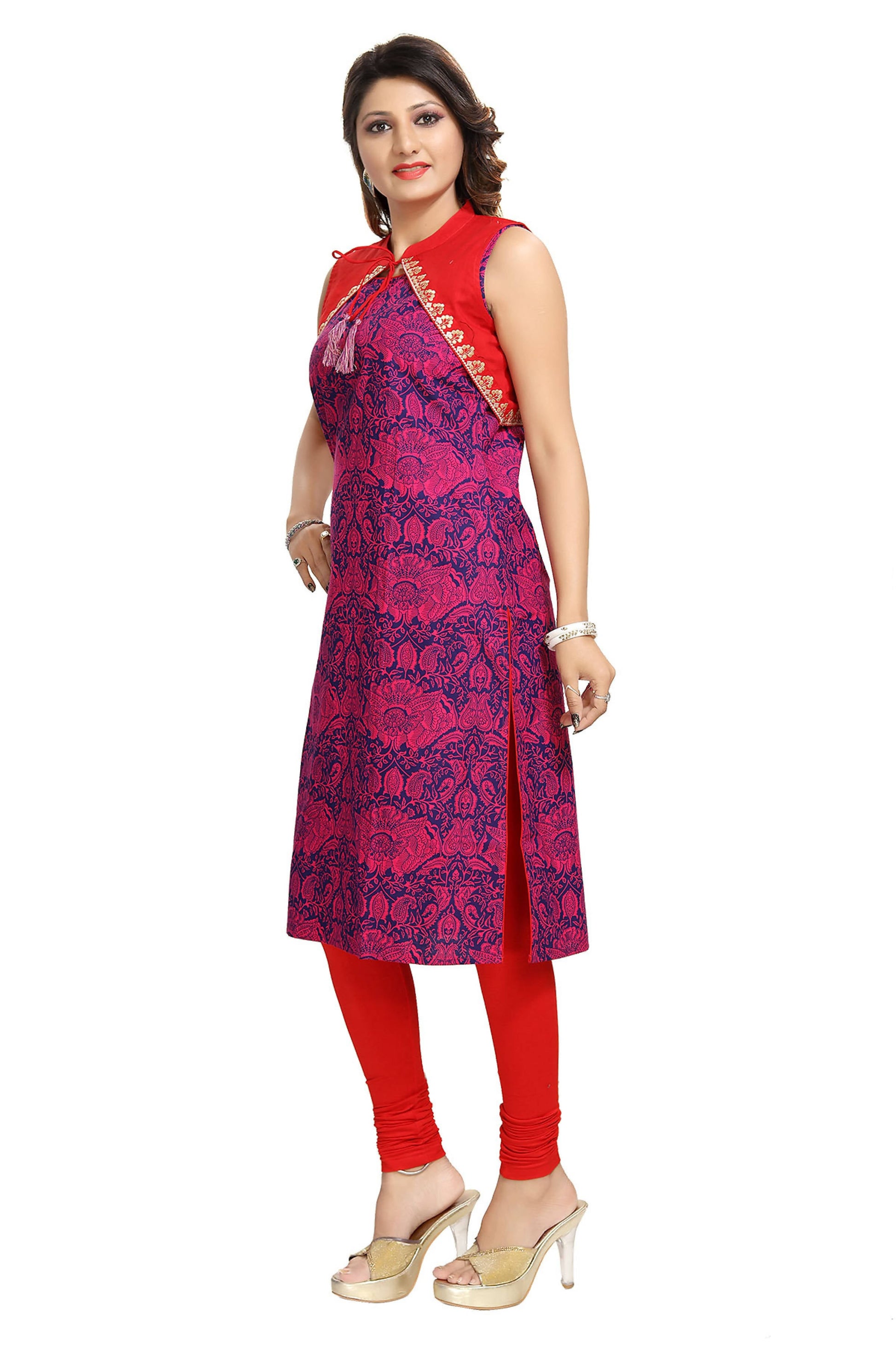 Snehal Creations Pure Purple Jacket Style Printed Sleeveless Kurti For Daily Wear