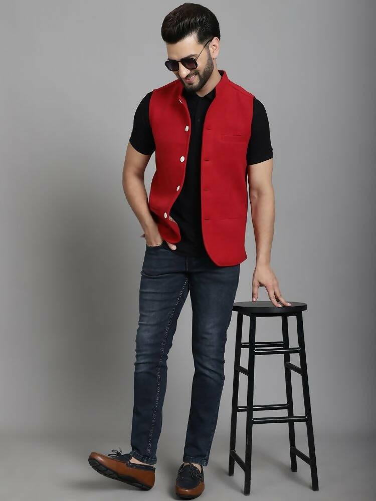Even Apparels Nehru Jacket With Welt Pockets - Red 
