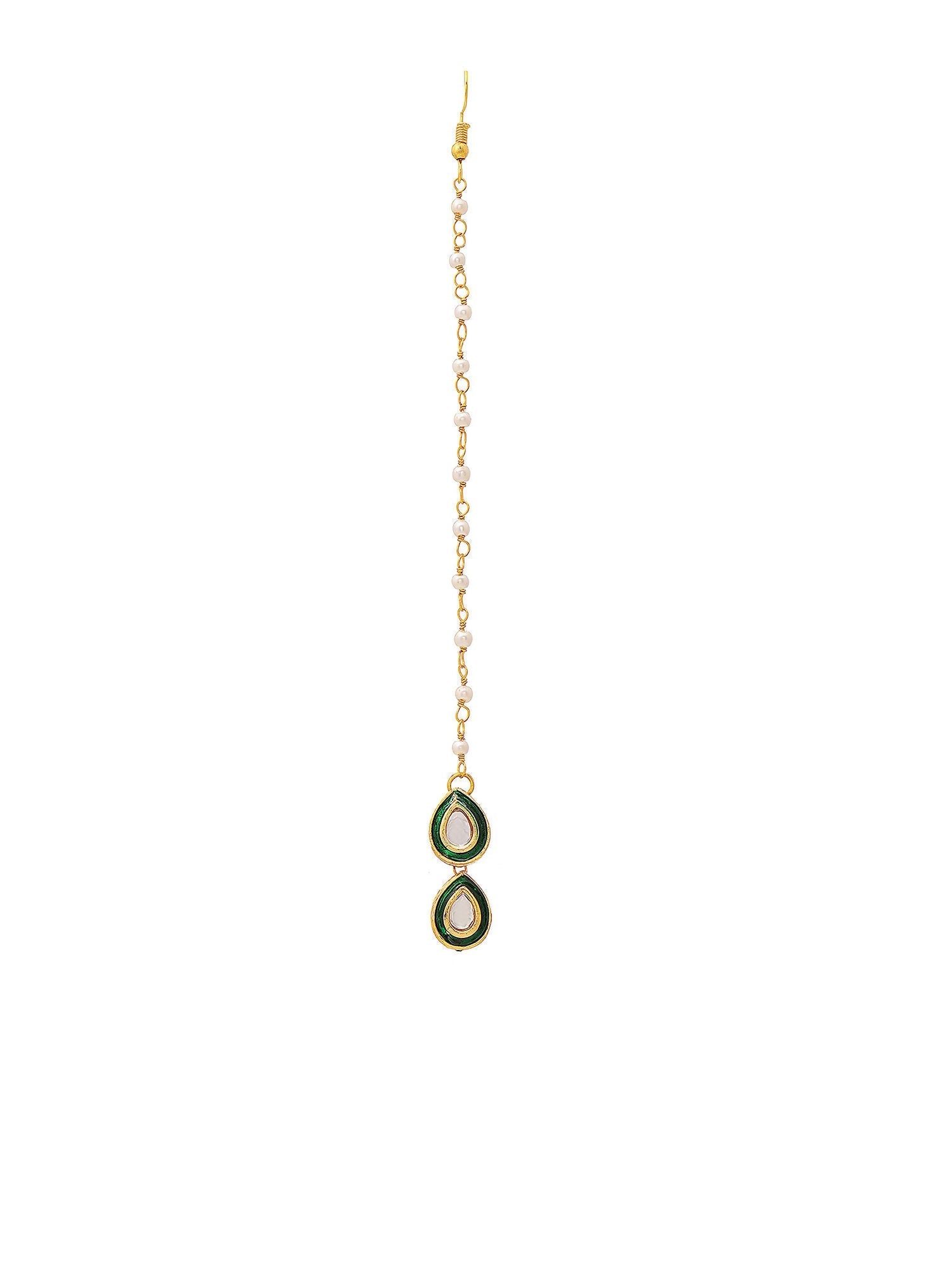 Ruby Raang Green Double Teardrop Kundan Maang Tikka with Meenakari | Swadesiicart