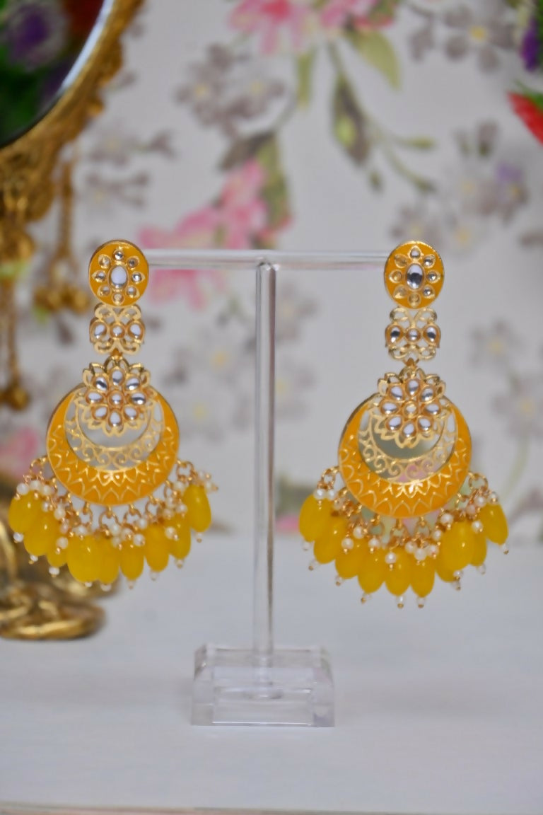 Yellow Gold-Polished Beautifully Enamelled Stylish Kundan & Pearl Dangle Women Earrings|Meenakari Chandbali Traditional Ethnic Wear Earrings By House of Ree House of Ree