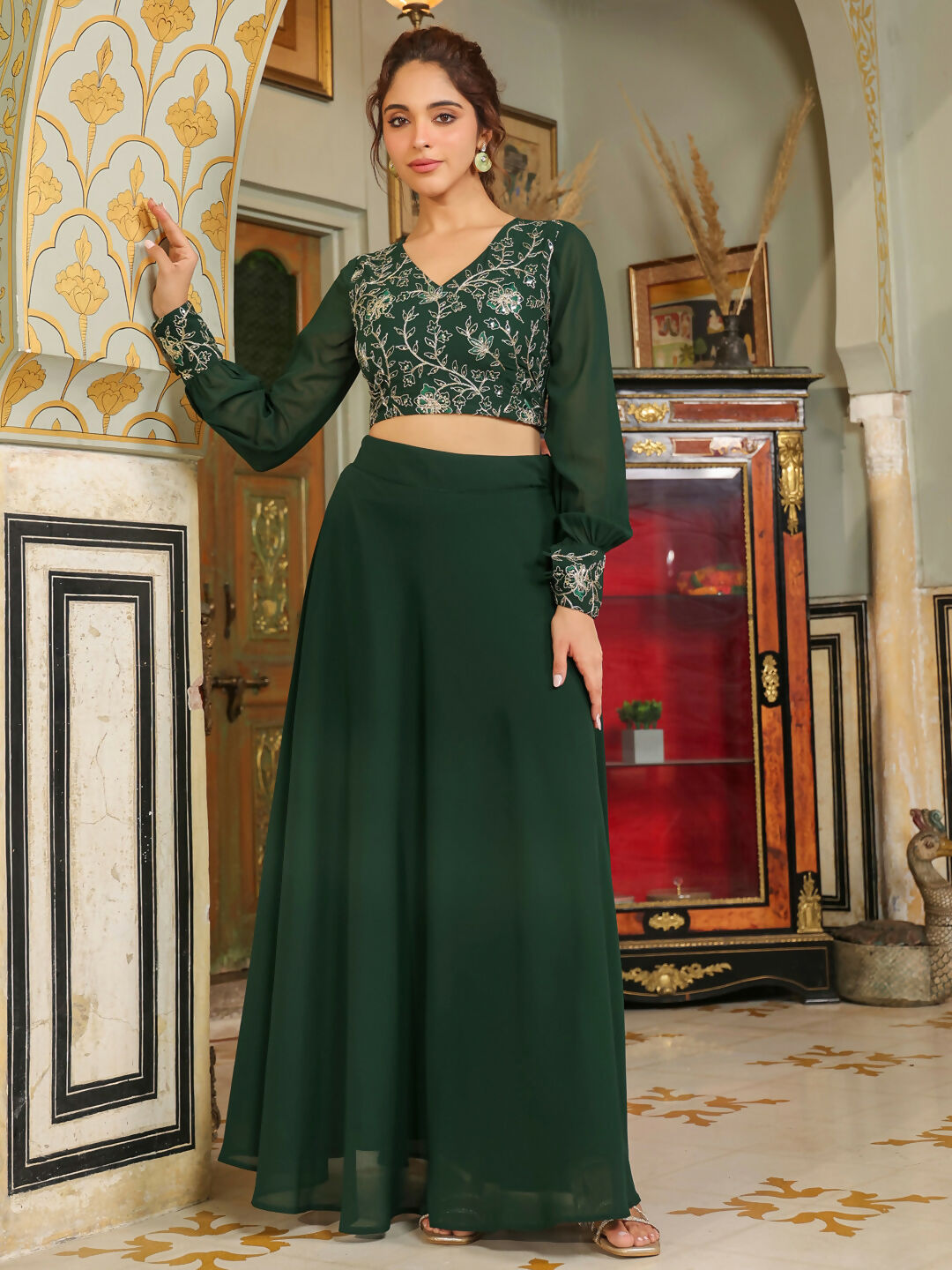 Janasya Dark Green Georgette Embroidered Top & Skirt 